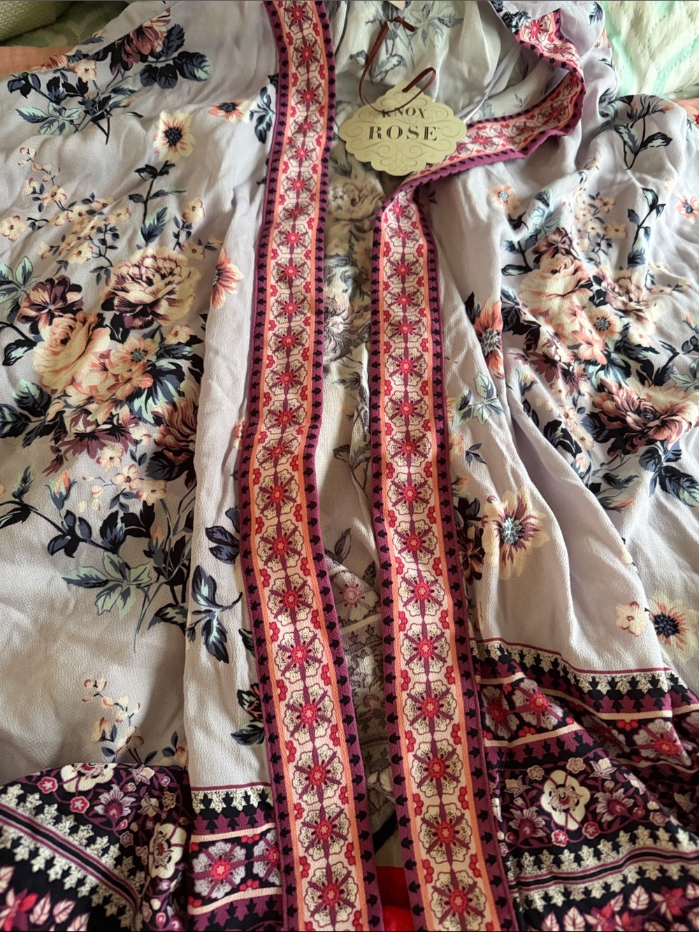 Floral Kimono - Lilac background with florals pink front trim & tassels